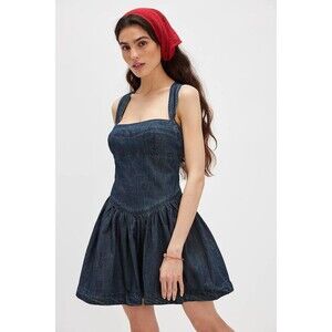 Free People Laurel Denim Mini Dress Smocked Pleated Blue Swing Cotton XS 285824